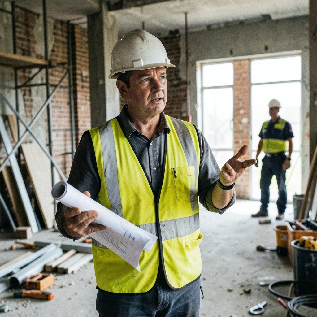 Conducteur de travaux présentant des documents réglementaires sur un chantier de rénovation