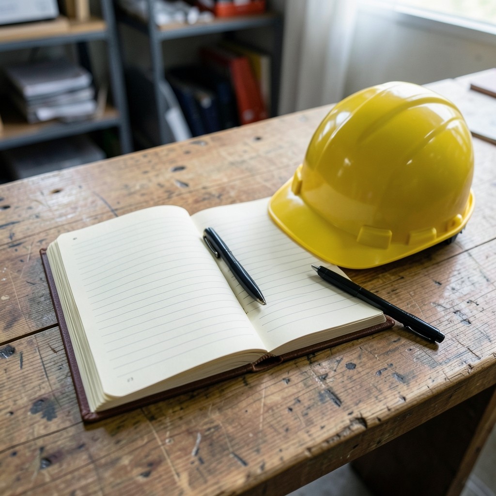 Registre du personnel ouvert sur un bureau de chantier avec casque de sécurité