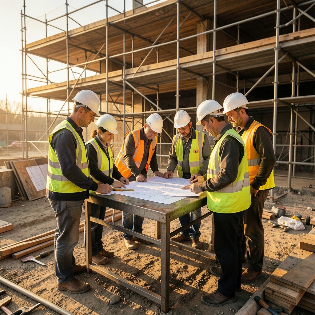 Chantier de construction avec ouvriers du bâtiment et équipements de sécurité, lumière dorée du matin