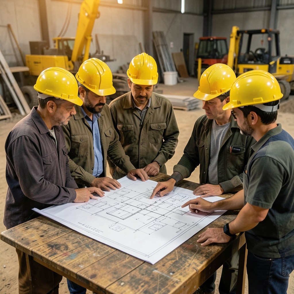 Formation en petit groupe autour d'un plan de chantier avec casques de sécurité