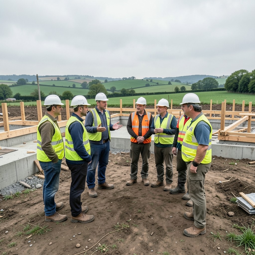 Réunion entre conducteur de travaux et sous-traitants sur un chantier en Normandie